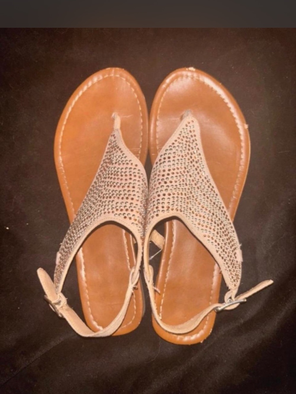Beige Embellished Women's T-Strap Sandals